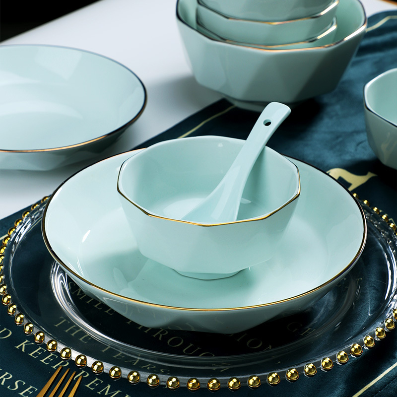Light Luxury Nordic Ceramic Bowls and Plates in Shadowy Green Color, Diamond Soup Bowls, High-Value Home-Use Bowl and Plate Set Tableware