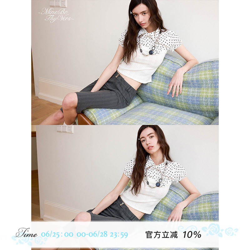 Minebethyvers White Polka Dot Puff Sleeve Knit Fake Two-Piece Tube Top Short-Sleeve Shirt Pure Desire Top