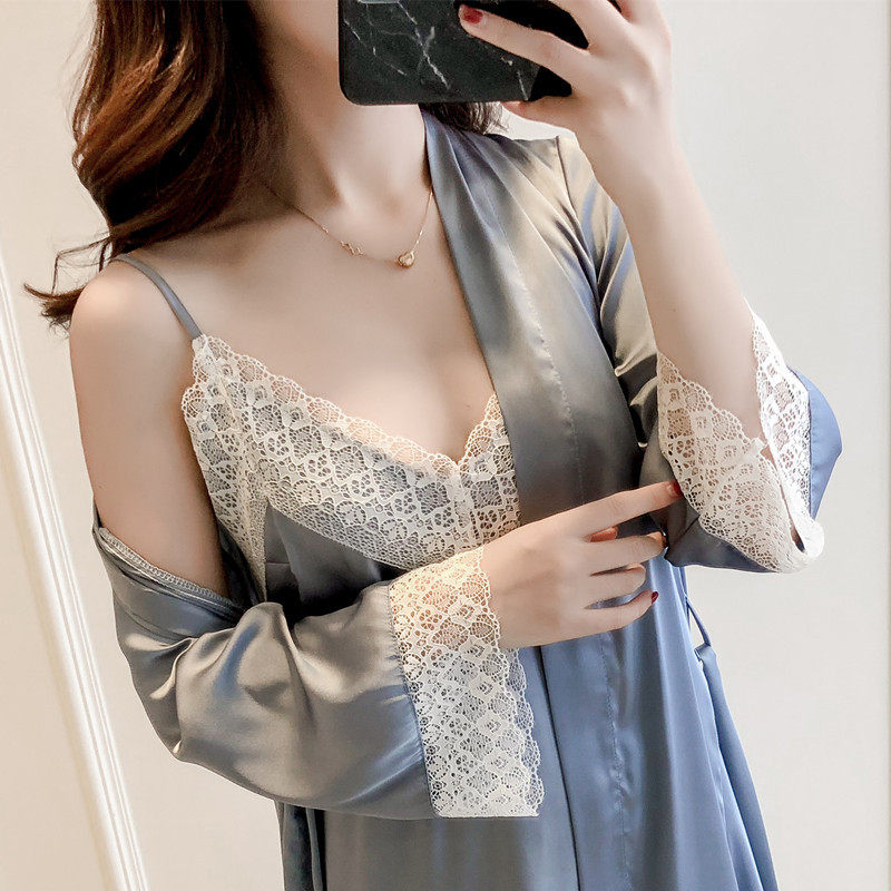 Pajamas women's silk nightdress 2021 new ice silk suit thin sexy suspenders can be worn two-piece suit summer