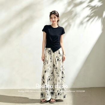 Large size irregular top + ink printed wide leg pants