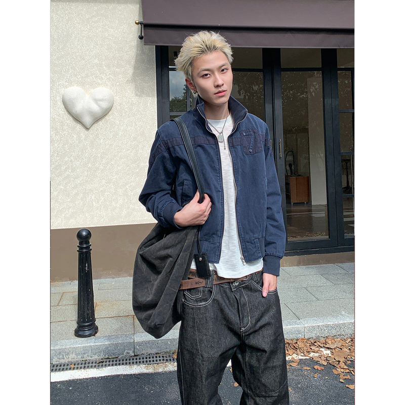 【Eme】American Retro Stand-Up Collar Short Baseball Jacket for Men and Women, Washed and Distressed with Number Patch Pockets and Patchwork Design