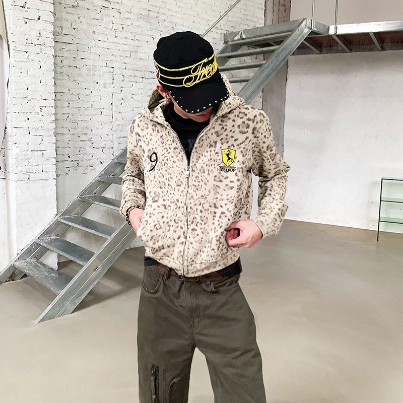 【Eme】Autumn Street Style Light Washed Hooded Zip-Up Cardigan Short Loose Sweatshirt Jacket Leopard Print Hoodie