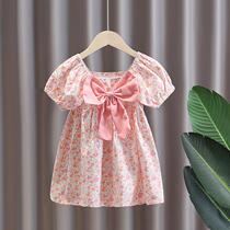 Hong Kong Girls Dresses Summer Cotton Floral Bubble Sleeves Childrens Summer Princess Dress Baby Girl Short Sleeve Skirt