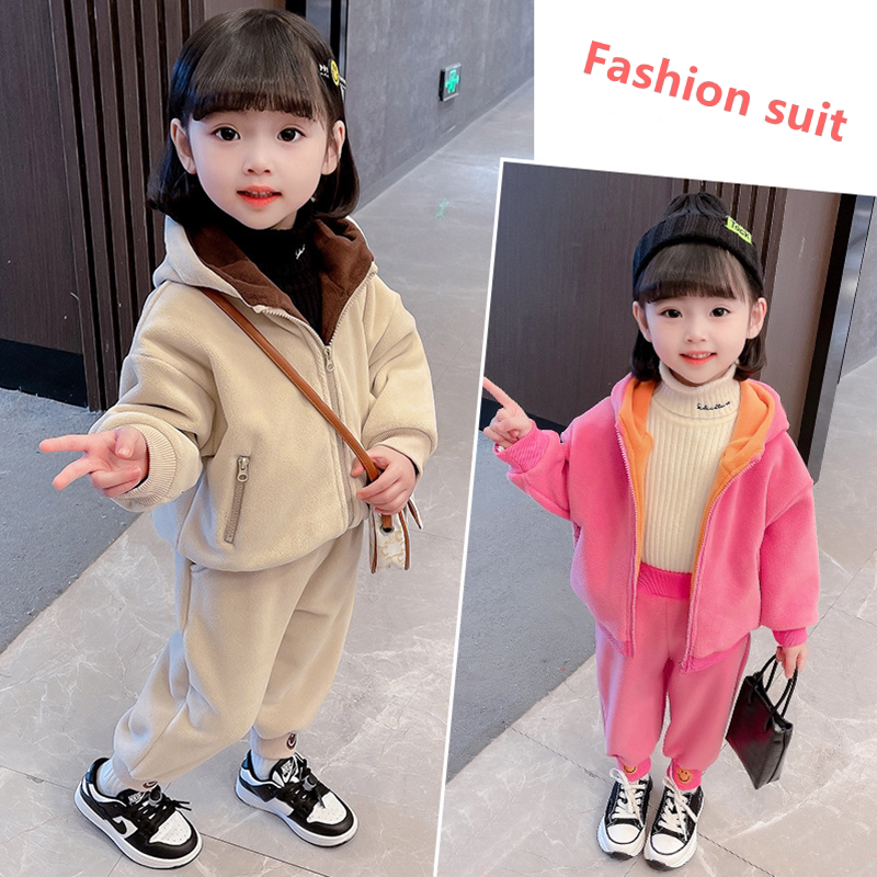 Hong Kong Girl Winter Clothing 2021 New Tide Suit Children Plus Suede Hoodie Sports Jersey Kids Casual Sports Two Suits