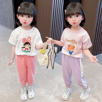 Hong Kong girls summer clothing suit cute female baby cartoon short sleeve children clothes Korean version childrens summer and two sets