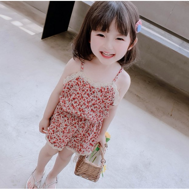 Hong Kong children suit women's baby Summer suit 2021 New girl crushed flower harnesses vest shorts Two sets