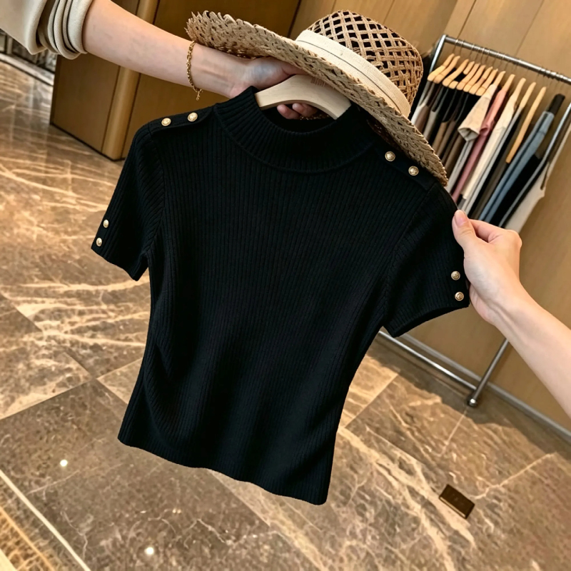 Removed from the Store! Early Autumn Vintage Knitted Short-Sleeve Women's Top with Hong Kong Style, Exquisite, Unique, Fashionable, Slim-Fitting, Slimming Base Shirt Trend