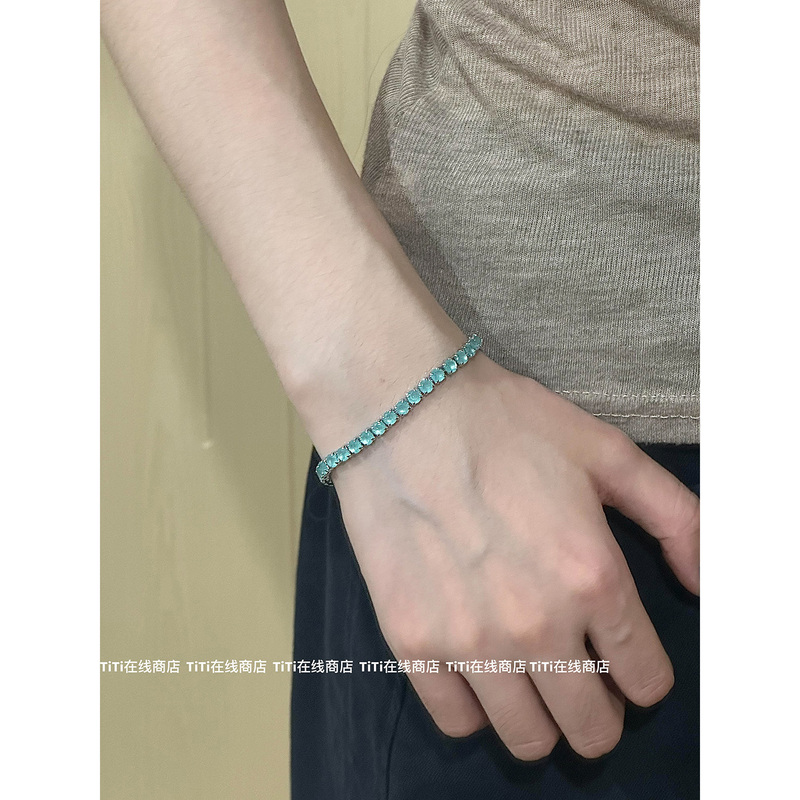 Titi~ Cool and Dazzling Blue Zircon Tennis Bracelet with Rows of Diamonds, Korean Style ins Minimalist Fashion Light Luxury Jewelry