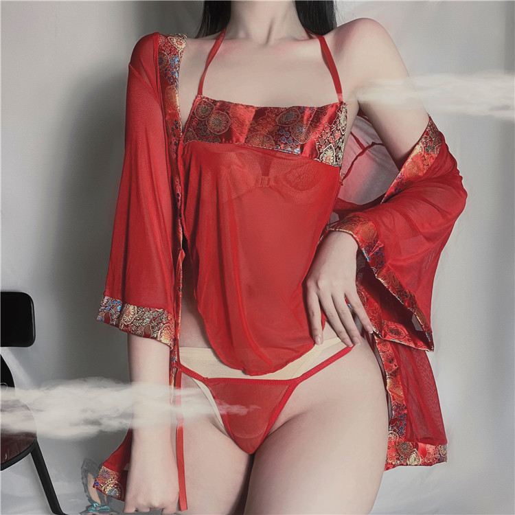 Love Interest Underwear Ancient Dress Bride Red Belly Pocket Gold Bottle Mepan Gold Lotus Transparent Mesh Yarn Uniform Suit Palace Play Wave