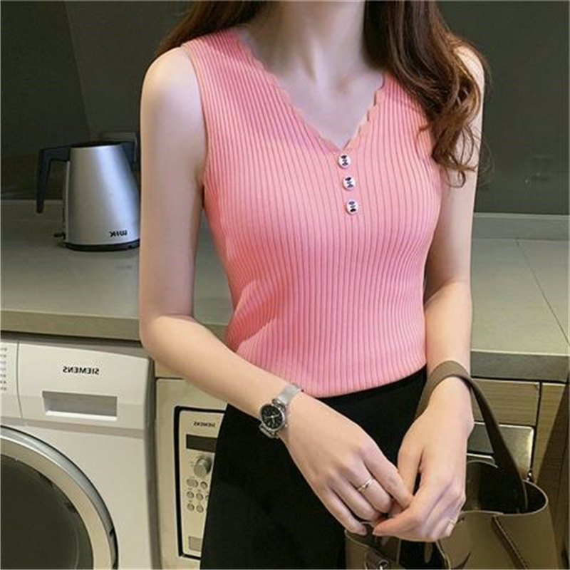 Summer Fashionable Ice Silk Knitted Bottoming Shirt for Women Summer Fresh V-Neck Camisole Outer Sleeveless Top