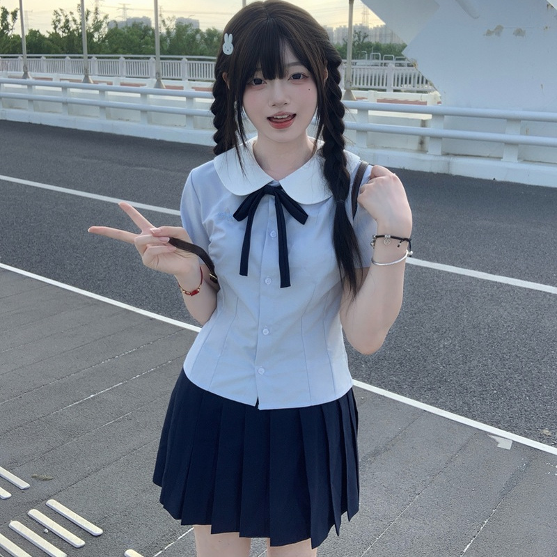 Rabbit Chunxi [Rabbit Xiaochun] Original Short Sleeve Round Neck Embroidered Jk Mori Girl Shirt Summer Waist-Cinching Student School Uniform
