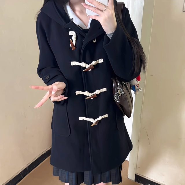 秋柚语原创JK学院风毛呢外套女日系秋冬绀色牛角扣夹棉毛呢大衣