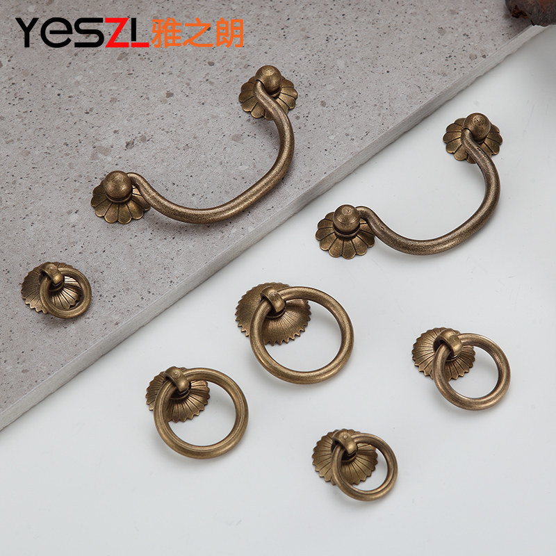 Pure copper cabinet drawer handle all copper door ring antique brass new Chinese retro bookcase hardware copper handle