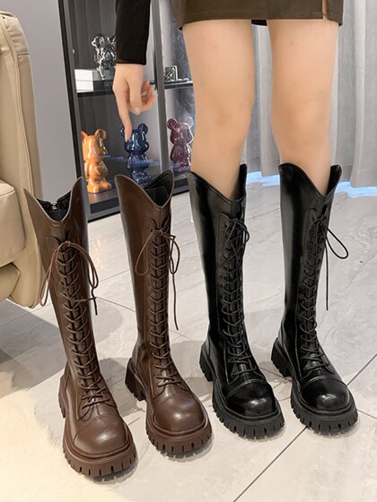 厚底棕色长筒靴v口骑士靴小粗腿长靴胖mm大筒围高筒靴大码女靴子