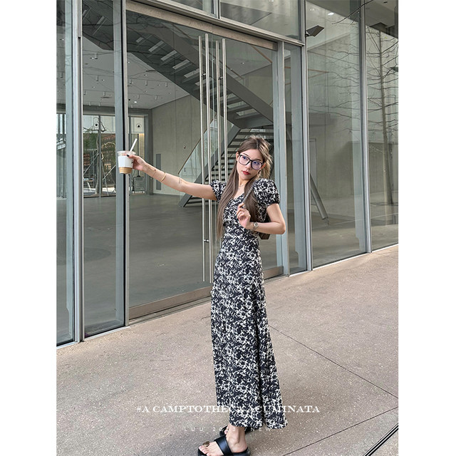 LUU Tao Xier/French slit dress summer slimming niche a-line casual mid-length-length-sleeved feminine style