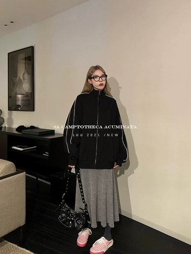 Черная куртка, толстовка с молнией, сексуальный комплект, свободный крой