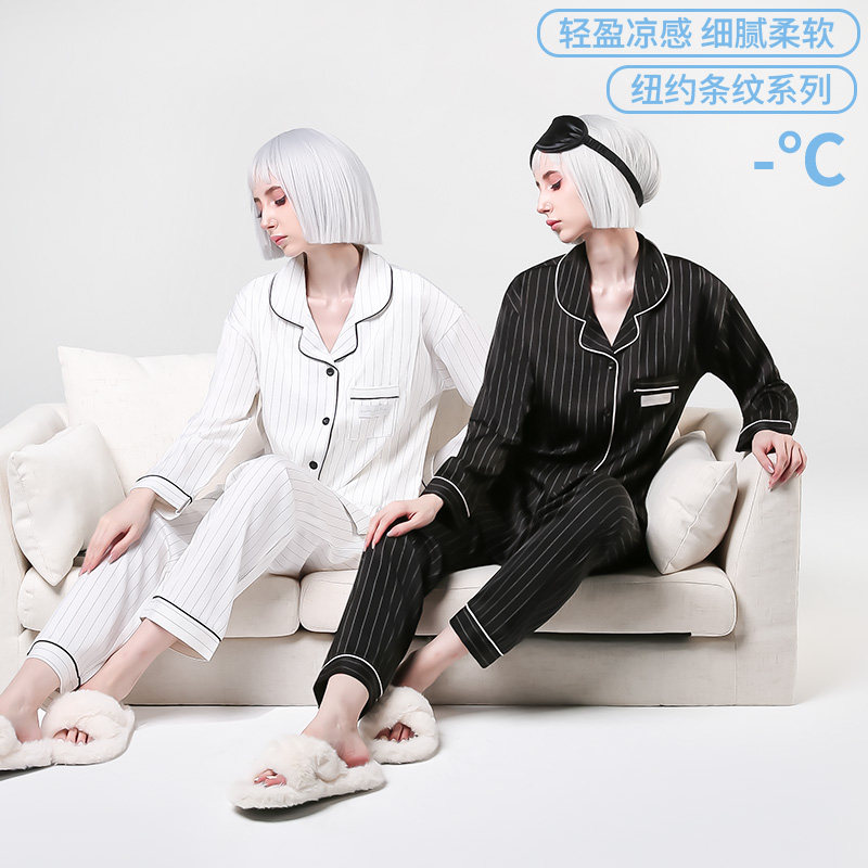 Miss Beaver Summer Black and White Strip Moon Snap Dress Ice Filament Breakthrough Pregnant Women Pajamas Maternal Homeclothes