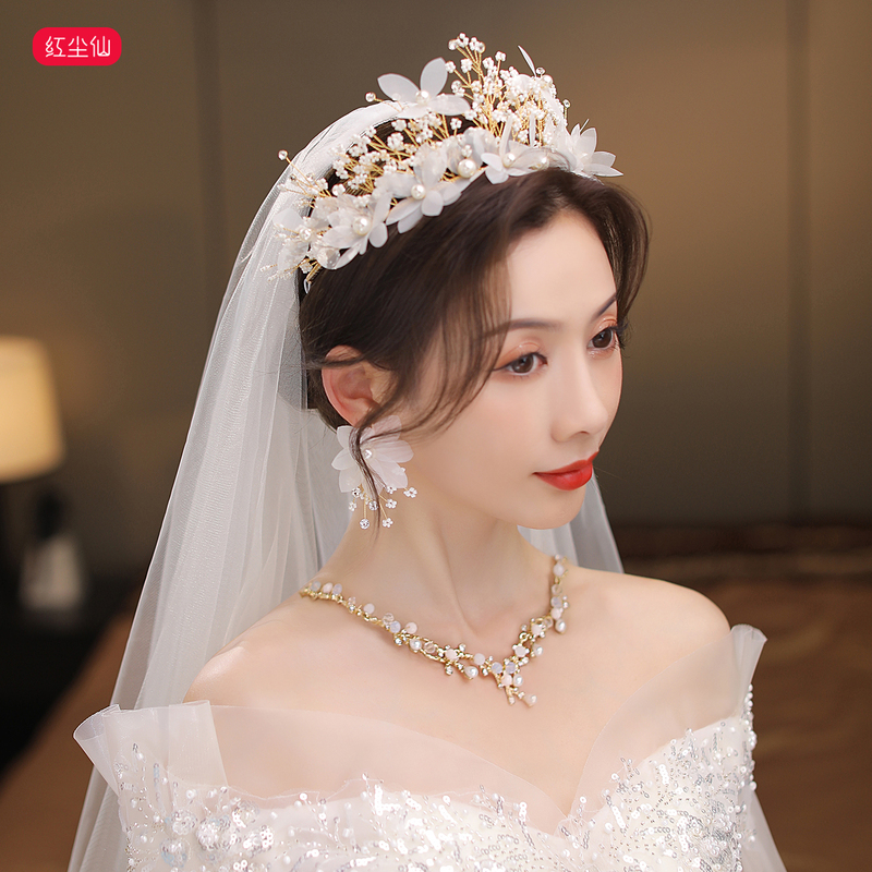 Bridal Crown Three-Piece Set, Wedding High-End Wedding Dress Veil Accessories, Crown Headpiece, Necklace, Fairy-Style Hair Accessories for Women