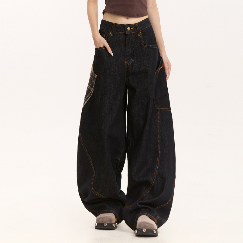 Noonoz American-Style Plaid Patchwork Curved Hem Jeans for Men, Trendy Brand, Loose Straight-Leg Pants, Drapey, Slimming, Wide-Leg Pants