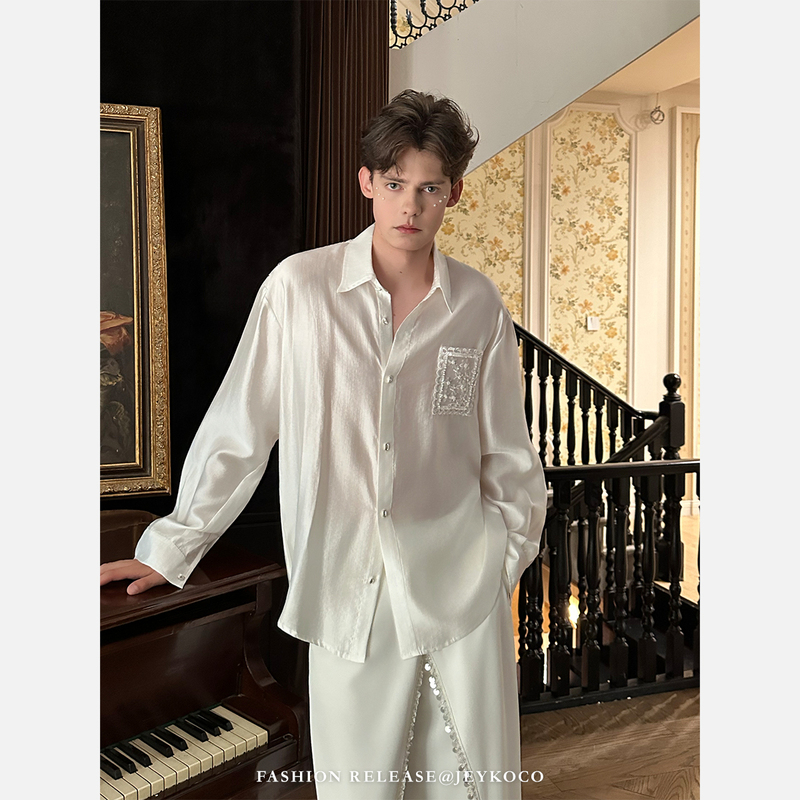 Jeykoco Yuppie Style Long-Sleeved Shirt for Men, White Satin Lapel, High-End Designer Style, Thin Top Jeykoco Yuppie Style Long-Sleeved Shirt for Men, White Satin Lapel, High-End Designer Style, Thin Top