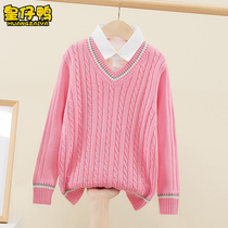 Girl Sweater Spring Autumn Ocean Air 2022 New Girl Spring Clothing CUHK Child Knit Undershirt Plus Suede Exploits