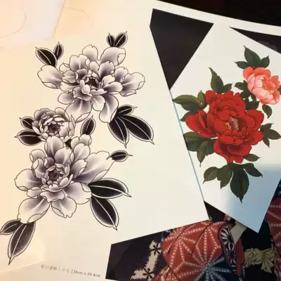 ZingTattoo black and white peony Japanese-style Ukiyo-e tattoo stickers waterproof female long-lasting ancient style to send color peony