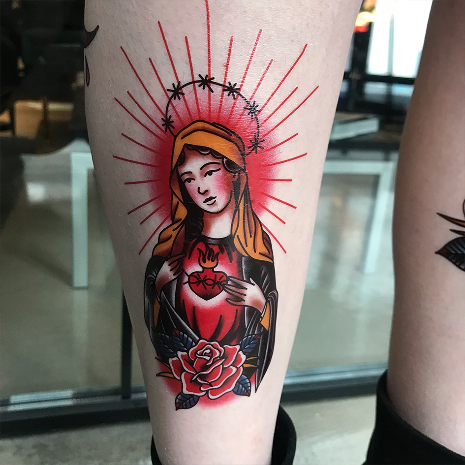 zingtattoto original tattoo sticker Notre Dame Maria oldschool floral arm woman waterproof and sweat-proof