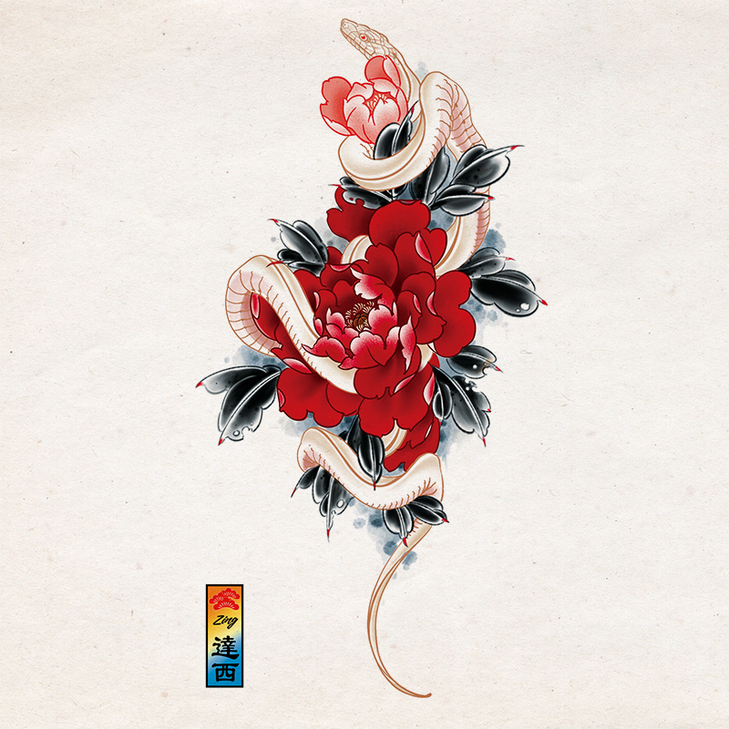 zingtattoo Tattoo Stickers Flower and Snake Japanese Style Ukiyo-e for Men and Women Flower Arms Durable Waterproof Sweatproof Ins wind