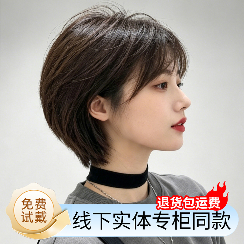 Real Hair Wig for Women, Short Hair with Ear-Hanging Style, Natural Full Head Wig, Thin and Breathable for Summer, Age-Reducing, Fashionable, Seamless Wig