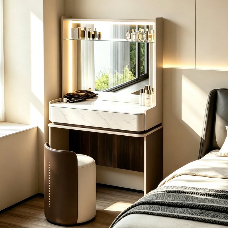 Italian-Style Dressing Table, Small Rock Slab Tabletop with Mirror and Light, Makeup Table, Bedside, Light Luxury, New Modern Minimalist Style, 60cm