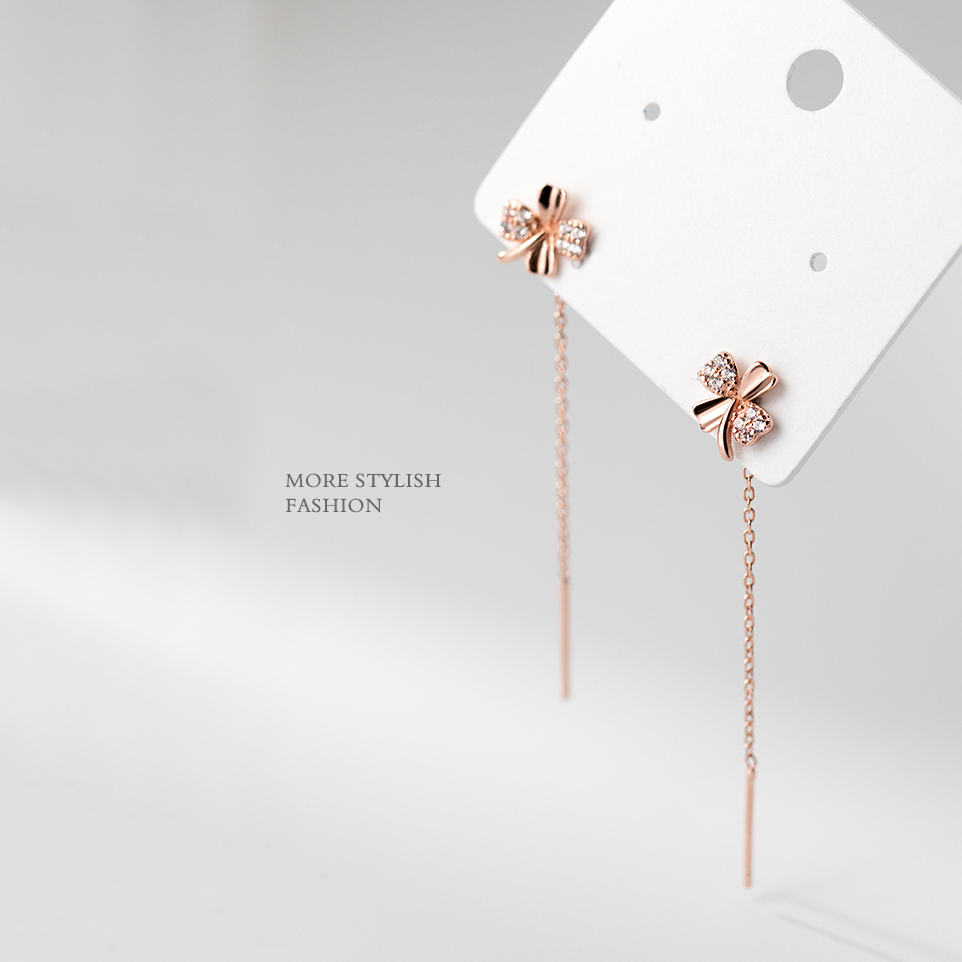 2022 New Four Leaf Grass Inlaid Drilling Ear Necklace Advanced Sensation Temperament White Hitch Pendant Super Fairy face Slim Fit Japan-Japan Ear Pin