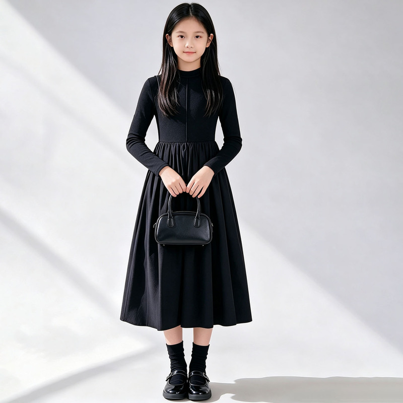 Girls' Autumn Long-Sleeved Dress, Medium and Large Children's Base Dress, Student Outerwear, Hepburn Style Mid-Length Little Black Dress
