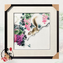 Intangible cultural heritage pure hand embroidery grape squirrel study living room restaurant entrance decoration gift finished Su embroidery hanging painting