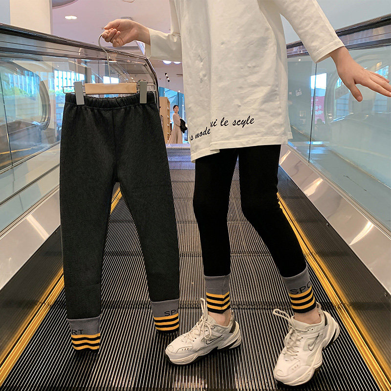 Pure cotton girls' leggings outer wear autumn and winter 2023 new style plus velvet thickened high waist foreign style fashionable trousers for big children