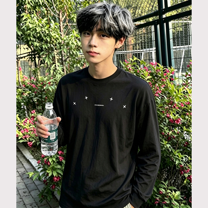 American-Style High Street Heavyweight Pure Cotton Regular Shoulder Long-Sleeve T-Shirt for Men, Autumn Season, Loose Fit, Black Base Layer Top for Teenagers American-Style High Street Heavyweight Pure Cotton Regular Shoulder Long-Sleeve T-Shirt for Men, Autumn Season, Loose Fit, Black Base Layer Top for Teenagers