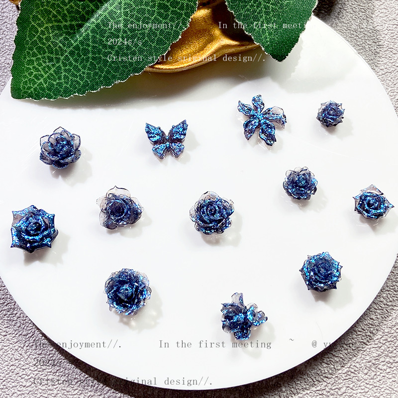 Blue Fine Glitter Ice-Transparent Nail Art Accessories, Popular Dark Series Soft Flower Nail Art Materials, Butterfly Rose Mix Yy Blue Fine Glitter Ice-Transparent Nail Art Accessories, Popular Dark Series Soft Flower Nail Art Materials, Butterfly Rose Mix Yy