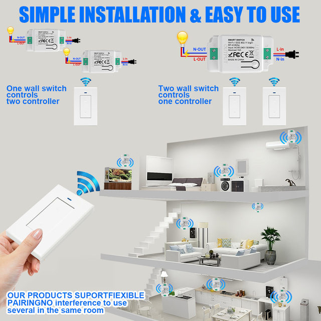 Remote Control Switch, No Wiring Required, Easy to Stick, 120 Type Rf Wireless Us Version Panel, Smart Dual-Control Light Rocker Switch