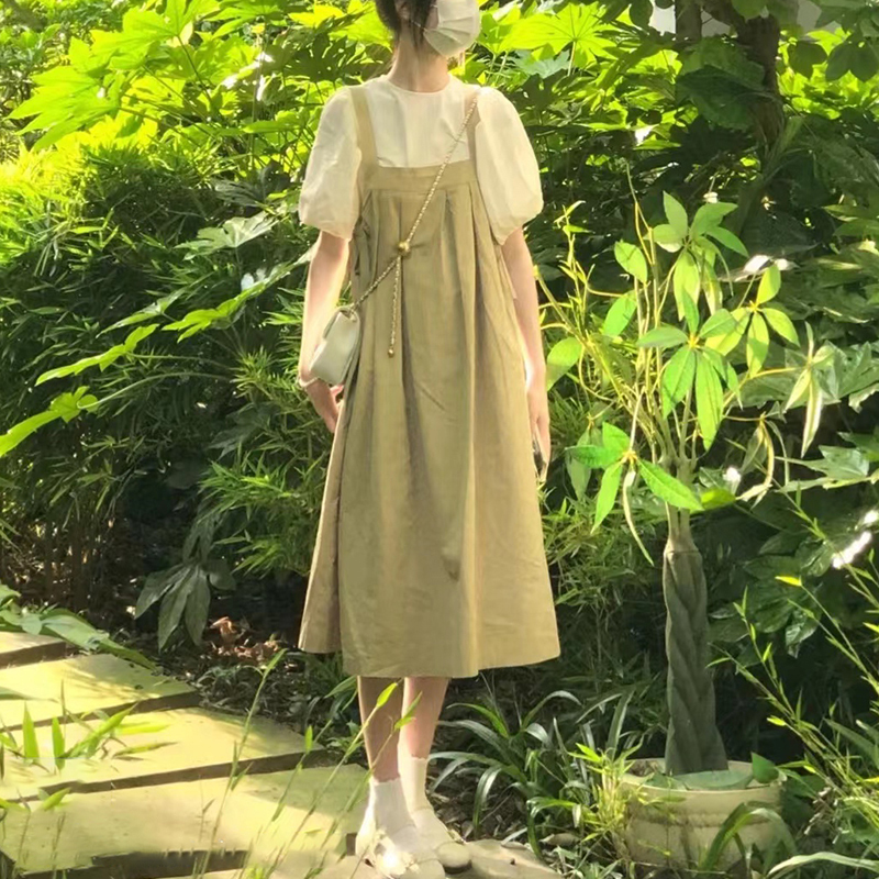 College Style Retro Forest Style Petite Age-Reducing Suspender Skirt Casual Long Dress over the Knee for Middle and High School Students