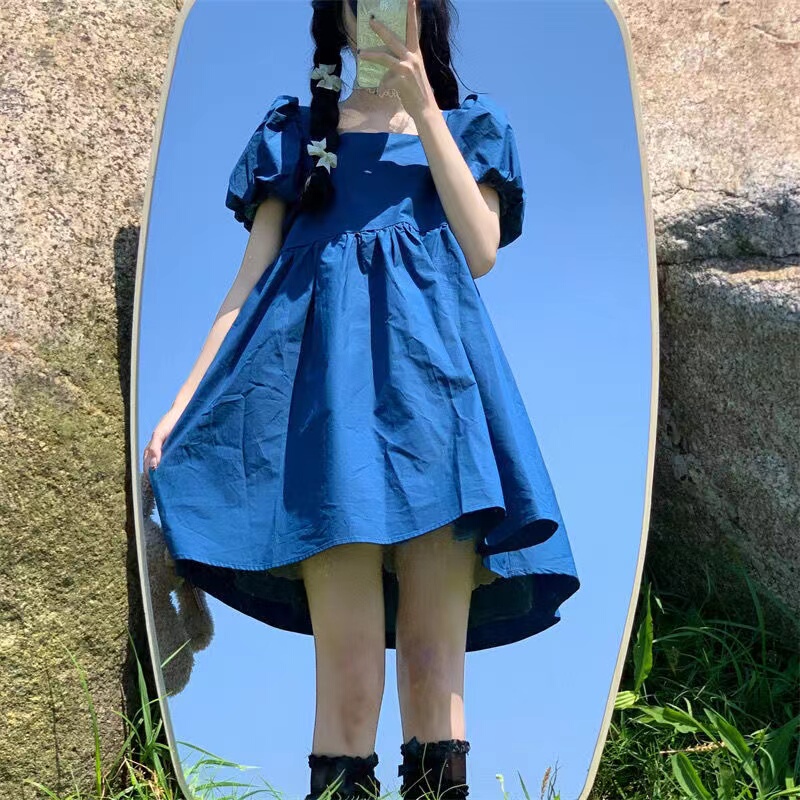 Soft Girl's First Love, Petite Blue Short Skirt, French Salt Style Date, Puff Sleeves, Square Neck Dress, Girl's Summer
