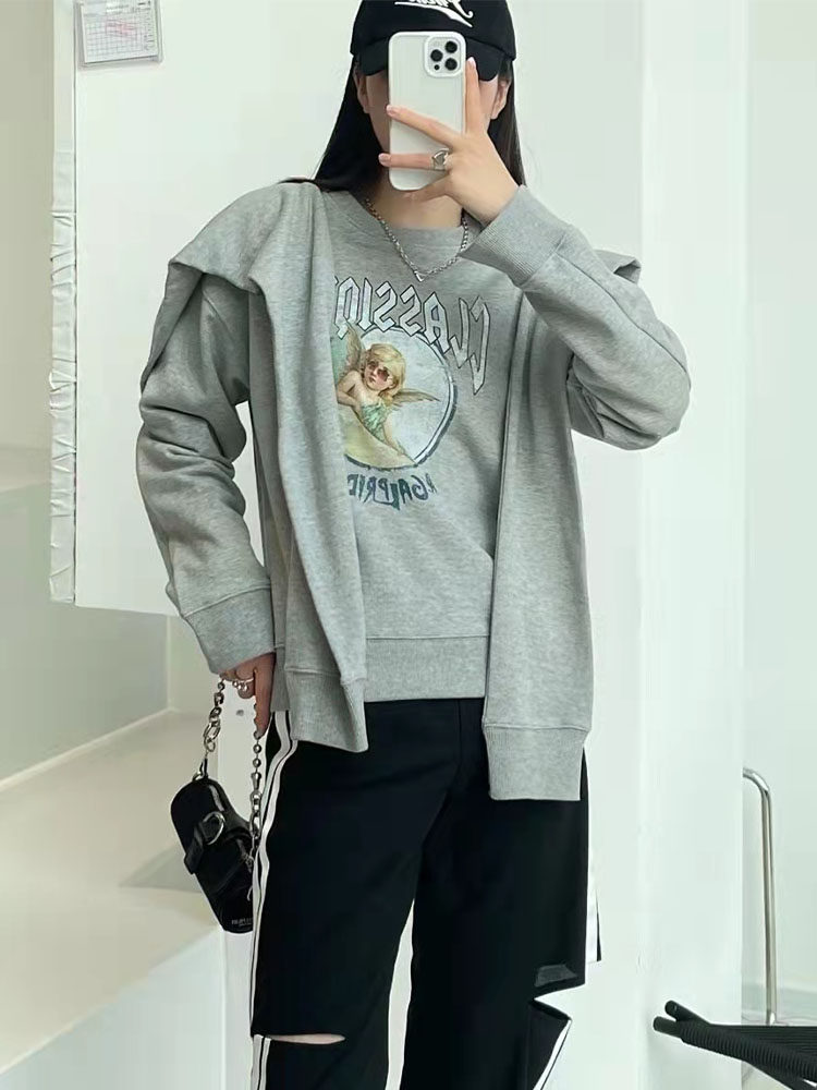 Checked version ych letter thick cotton T female spring and autumn 2022 new fake two-piece shawl cotton round neck top trendy