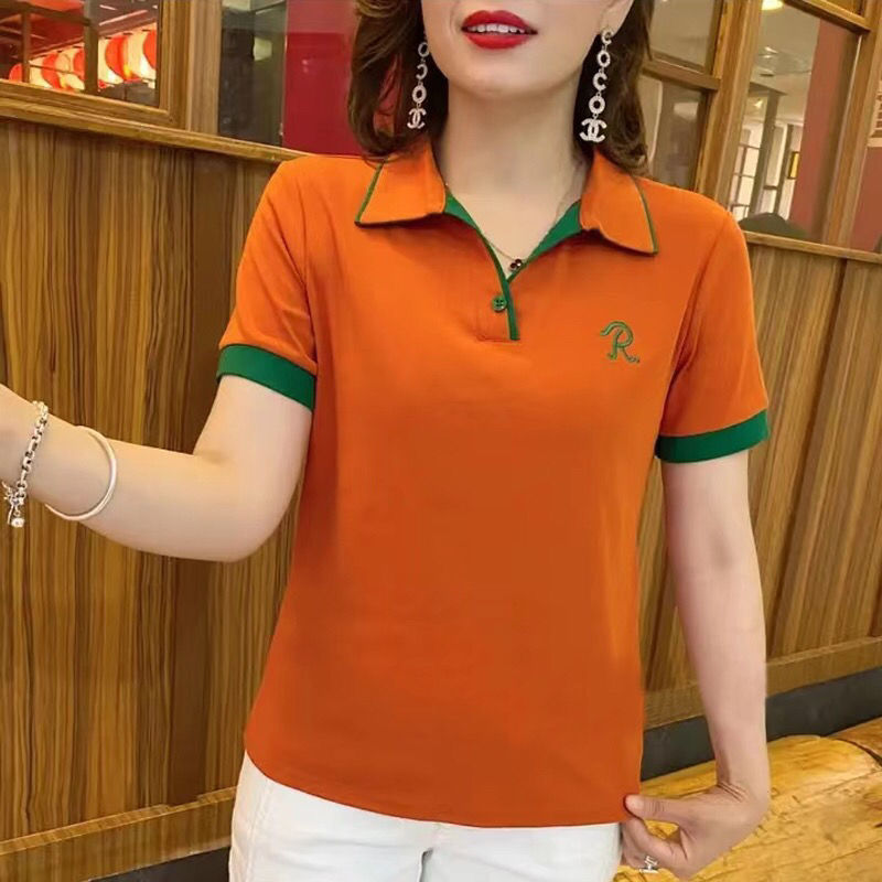 Letter Embroidered Polo Collar Stylish Top 2024 Summer New Fashion Mom's Clothing Plus Size Slimming Short-Sleeved T-Shirt