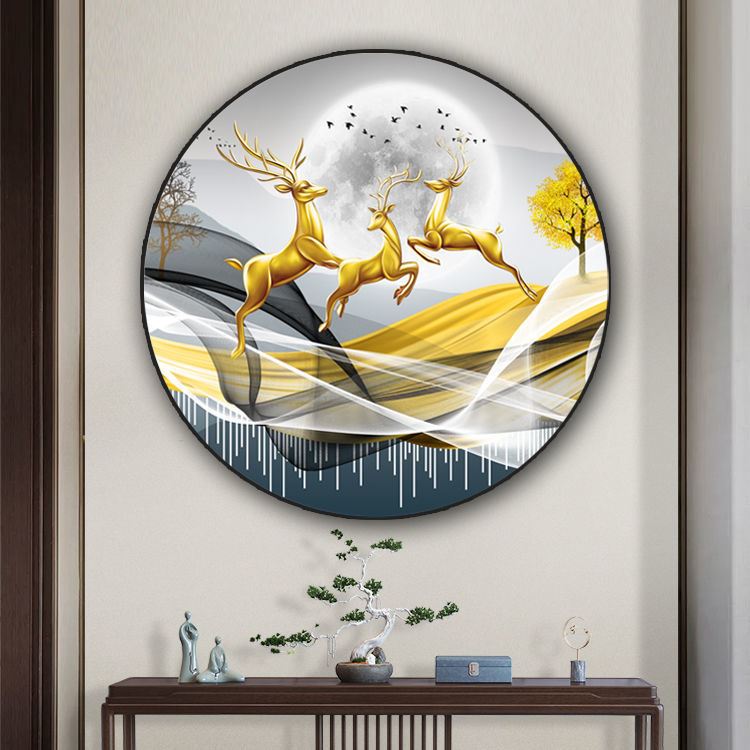Light and luxurious round hanging painting New Chinese moose round decoration painting Xuanguan Living room Tea room Book room sofa Background fresco