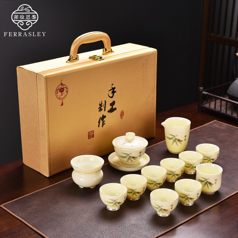 High end new jewel yellow goat grease jade whole set Gongfu tea furniture set group Home Guest Tea Cup Cover Bowl GIFT BOX CLOTHING