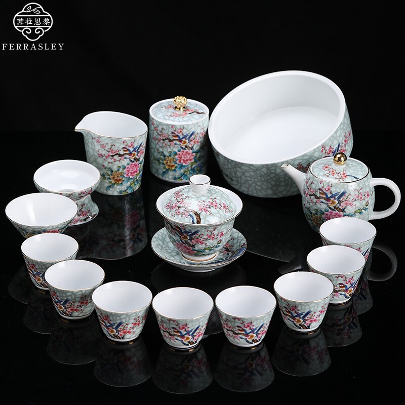 High-end Kung Fu Tea Furniture Set Group Home Enamel Color Ceramic Whole Set Brief Color Painting Palace Wind Cover Bowl Tea Tea Pot Cup