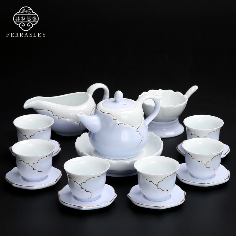 Gold Inlaid Jade Green Porcelain Kongfu Tea Furniture Set Group Eurostyle Whole Sketching Ceramic Teapot Tea Cup Home Office Gift Box Clothing
