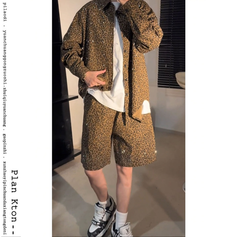 Spring and Summer Rhinestone Long-Sleeve Shirt Jacket Fashion Five-Point Shorts Unisex Trendy Leopard Print Rhinestone Starry Sky Set