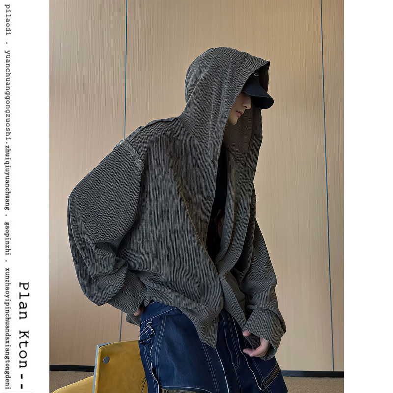 Autumn Vintage Distressed Hooded Shirt Jacket for Men, Trendy Lazy Style with Ruched Edges, Loose Long-Sleeve Cardigan Jacket Autumn Vintage Distressed Hooded Shirt Jacket for Men, Trendy Lazy Style with Ruched Edges, Loose Long-Sleeve Cardigan Jacket