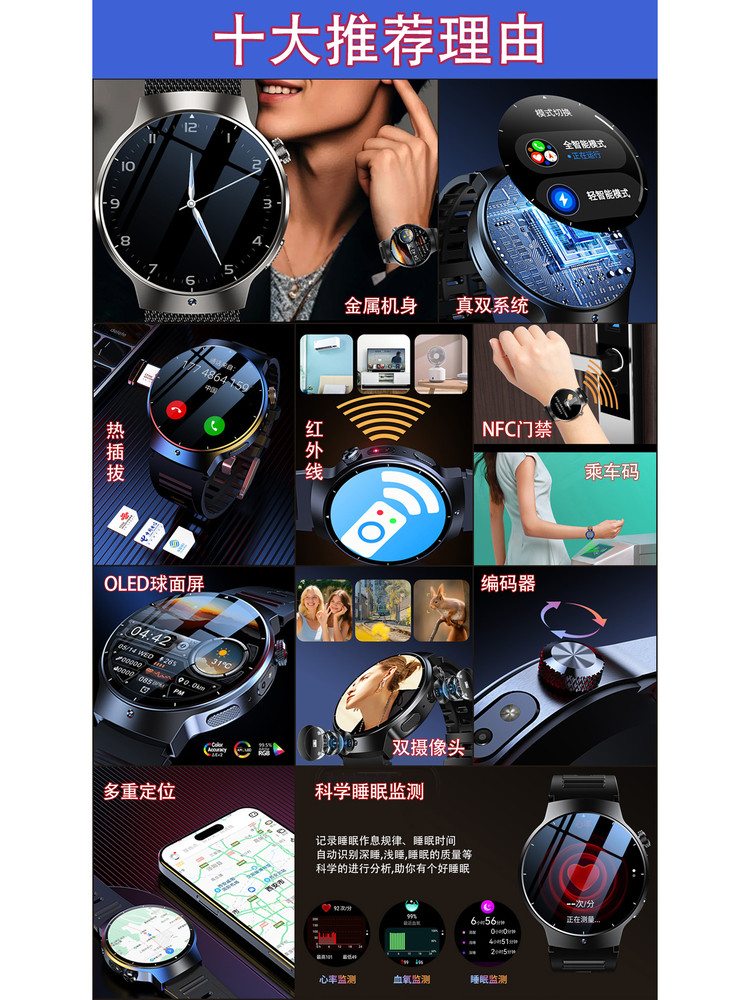 Dual-Mode 5g Round Screen Full Network Android Phone Watch with Bluetooth Calling, Smart Watch with Infrared Remote Control, Supports Sim Card, Can Download Apps, Adult Men's Model, Gps Positioning, Suitable for Middle and High School Students