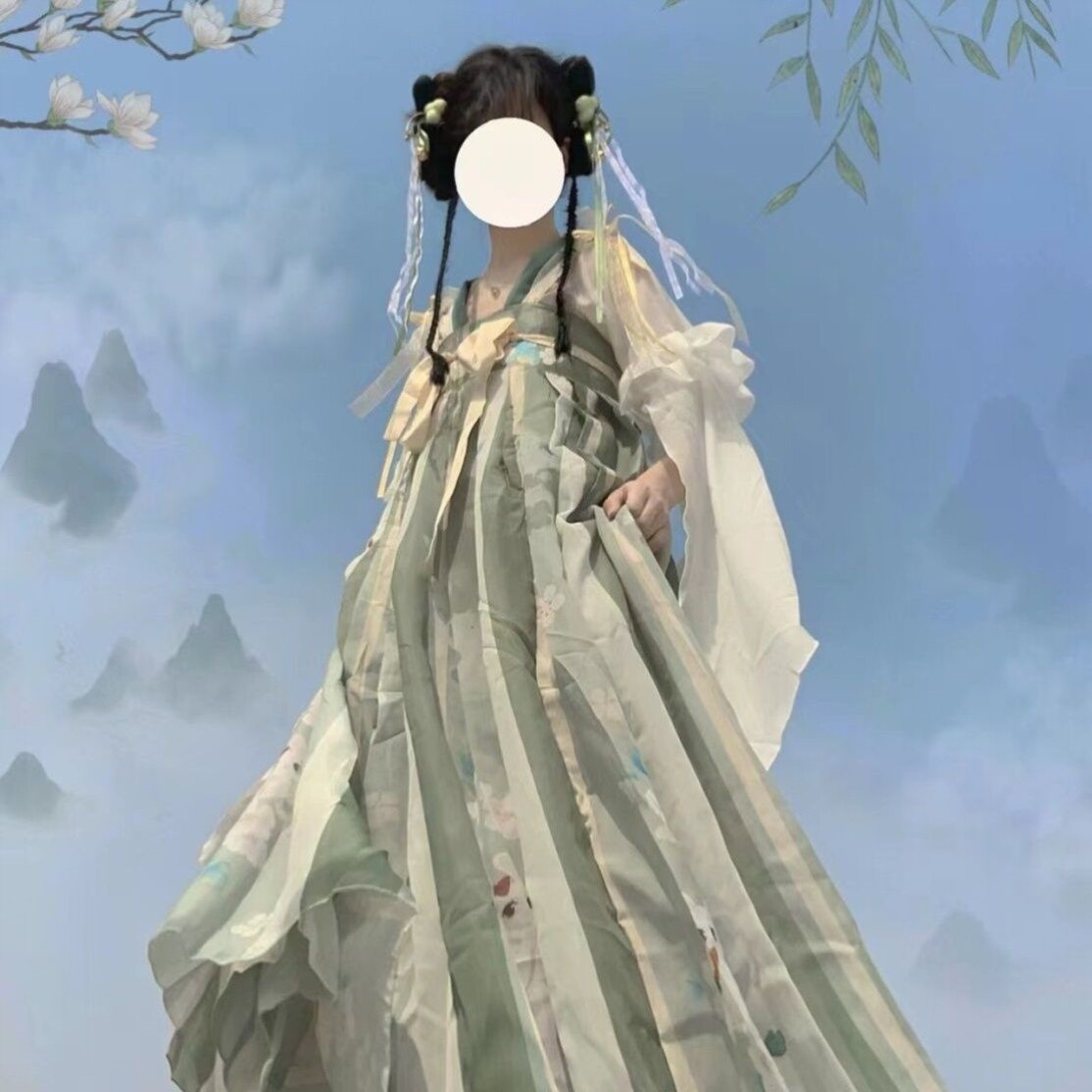 普段使いにぴったりのオリジナルガールズ漢服七雄唐朝風スカート、漢風破れ袖、漢風プリント妖精柄セット（春夏向け）
