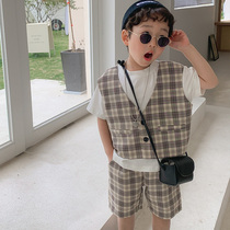 Childrens Korean version of two sets 2022 Summer new boys Grid Fake Two Suits Baby Gentleman Blouse Pants
